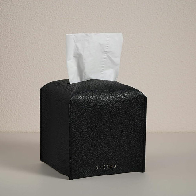 OLETHA Square Tissue Box Cover - Aesthetic Desk Decor for Room, Home & Office - Tissues Cube Boxes Holder - Black, Set of 2