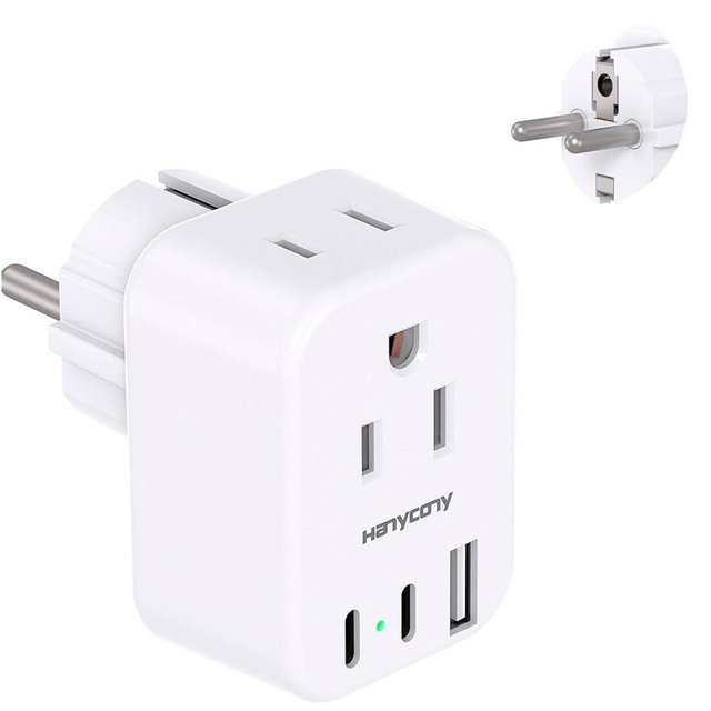 Type E F Plug Adapter, HANYCONY Germany France Travel Plug Adapter with 2 Outlets 3 USB Ports(2 USB C)，Schuko Plug Power Adaptor for US to Europe EU Spain Iceland Korea Greece German French