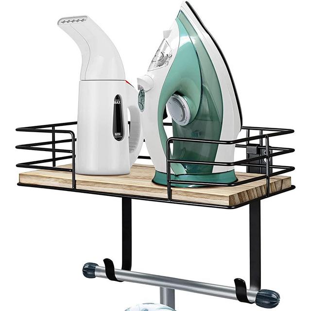 THYGIFTREE Ironing Board Hanger Metal Wall Mount Laundry Room Decor Iron and Ironing Board Holder, Laundry Room Organization and Storage with Large Storage Wooden Base Basket and Removable Hooks