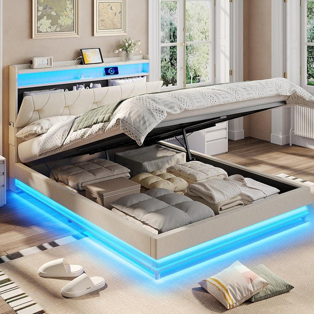 Fameill Queen Size Lift Up Storage Bed Frame, Storage Headboard with Charging Station, LED Lights Upholstered Platform Bed, No Box Spring Needed, Noise-Free, Beige White