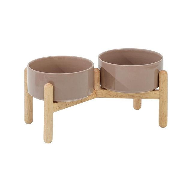 Havniva Ceramic Raised Dog Bowl with Stand for Small and Medium Breed Dog Dish Pet Food and Water Bowl (Double Bowl with Stand - Brown Coffee, 6" D)