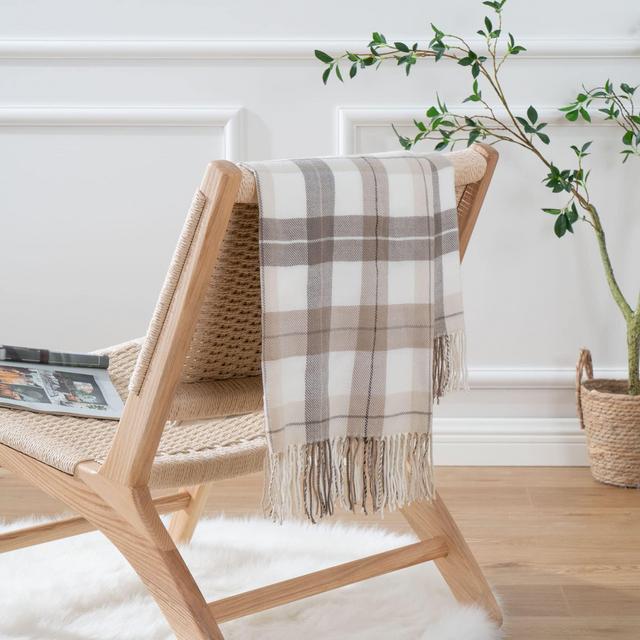 Battilo Buffalo Plaid Throw Blanket for Couch - Farmhouse Check Pattern - Soft Woven with Decorative Fringe - Lightweight for Bed, Sofa, Chair, Office, Outdoor (TaupeWhite, 50"x60")