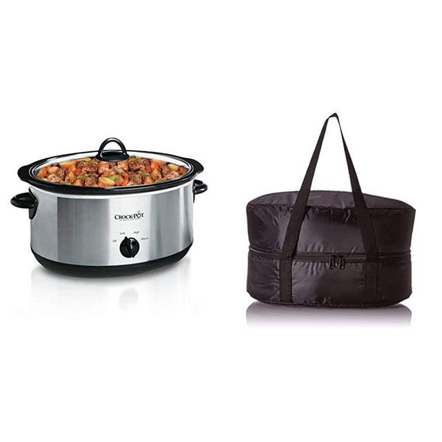 Crock-Pot 7-Quart Oval Manual Slow Cooker | Stainless Steel (SCV700SS) & Travel Bag for 4-7-Quart Slow Cookers, Black