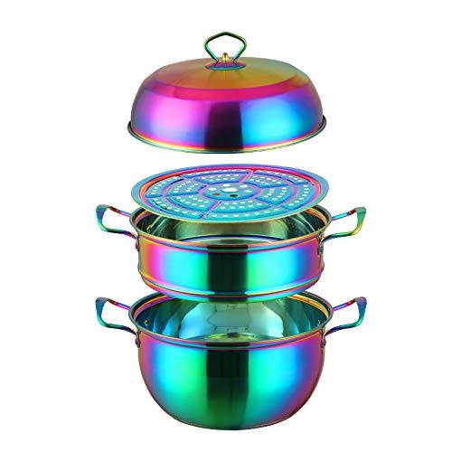 QIBOORUN 3 Tier Premium Heavy Duty Stainless Steel Steamer Pot Set Includes 2 Tier Cooking Pot, 1 Steaming Septa and Pot Lid | Stack, Steam Pot Set for All Cooking Surfaces -Rainbow