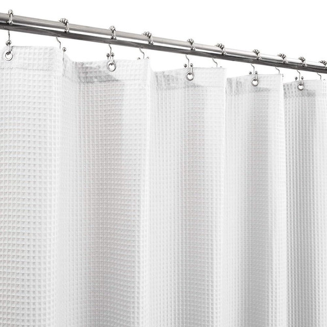 Barossa Design Fabric Shower Curtain Cotton Blend 75 inch Long, Honeycomb Waffle Weave, Hotel Luxury, Heavy Weight, Spa, Washable, White, 72x75