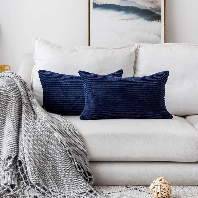 HOME BRILLIANT Decorative Plush Striped Velvet Corduroy Oblong Rectangular Throw Pillow Accent Cushion Cover, 12 x 20 inch, Set of 2, Navy Blue
