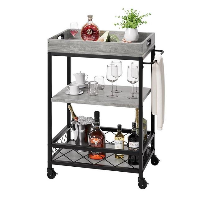 IDEALHOUSE Bar Cart, Bar Carts for The Home, Bar Carts on Wheels, 3 Tier Bar Cart with Wine Rack, Wheel Locks (Grey)