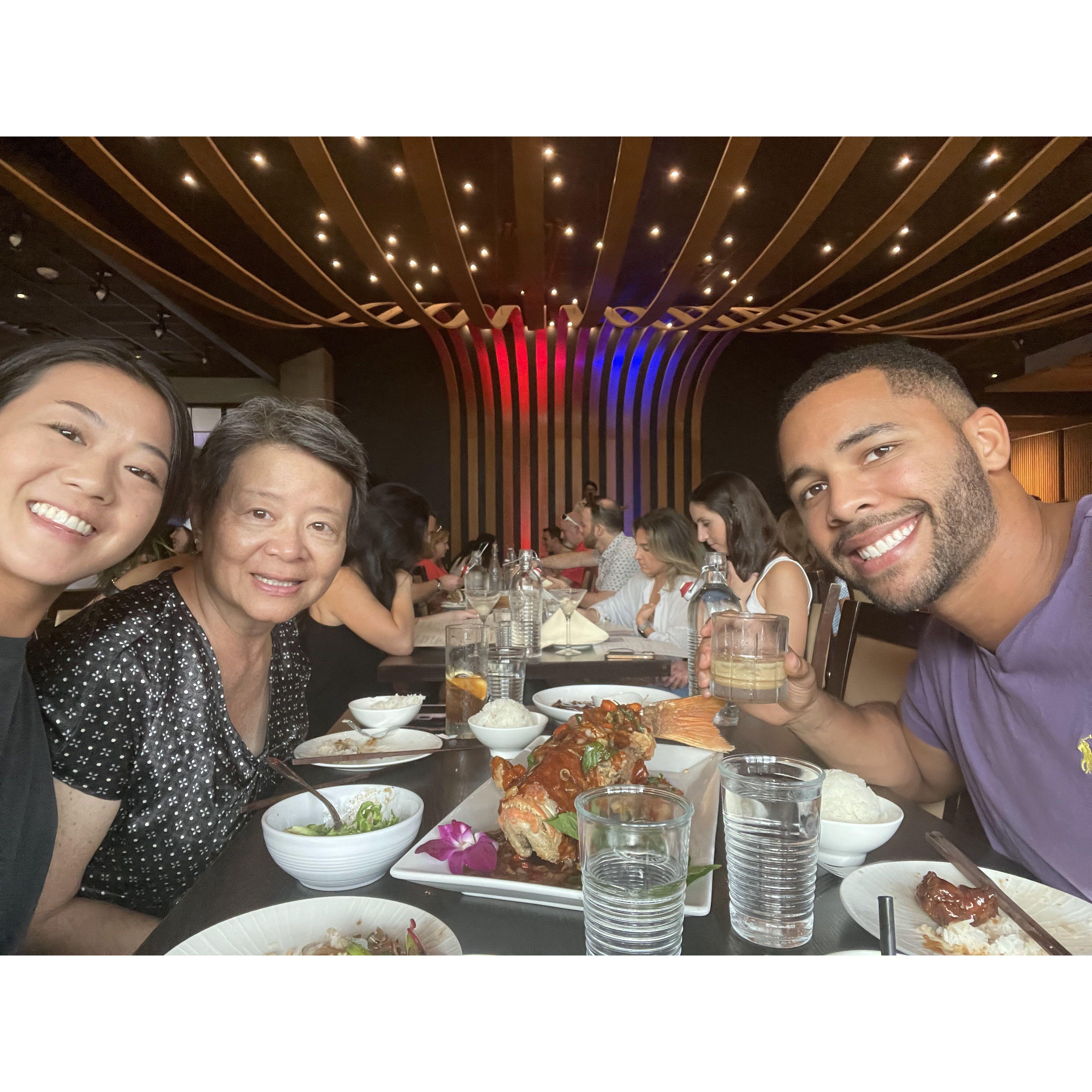 They love Asian food! Every time Haley's mom comes into Austin they visit 1618, a pan-asian restaurant that sings Happy Birthday to Bradley every time they see us.