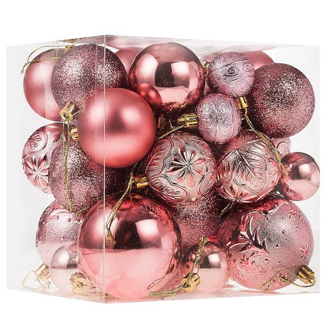 Senjie Rose Gold Shatterproof Christmas Ornaments, 32 Pcs, Plastic, Hanging, Christmas, Wedding