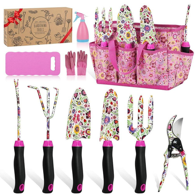 Housolution Gardening Tools Set, 10 PCS Stainless Steel Heavy-Duty with Non-slip Soft Rubber Handle with Large Garden Bag, Floral Pattern Gardening Tool Set Gifts for Women Birthday Mother's Day, Pink
