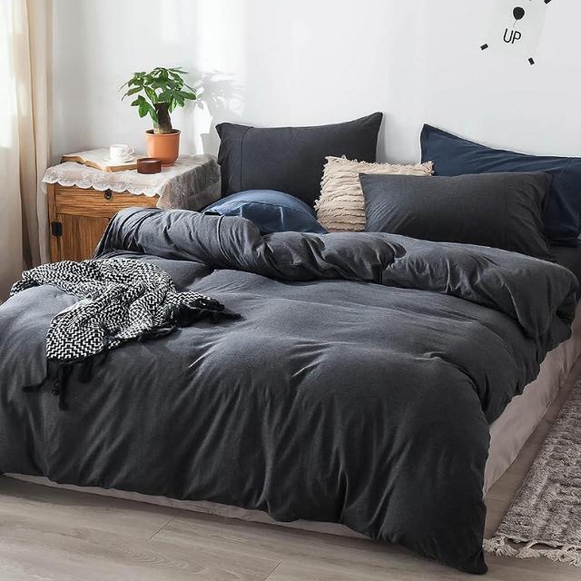 FOSSA Jersey Knit Duvet Cover Set King Size Charcoal T-Shirt Heathered Cotton Super Soft Comfortable, 1 Duvet Cover and 2 Pillowcase, Charcoal Black