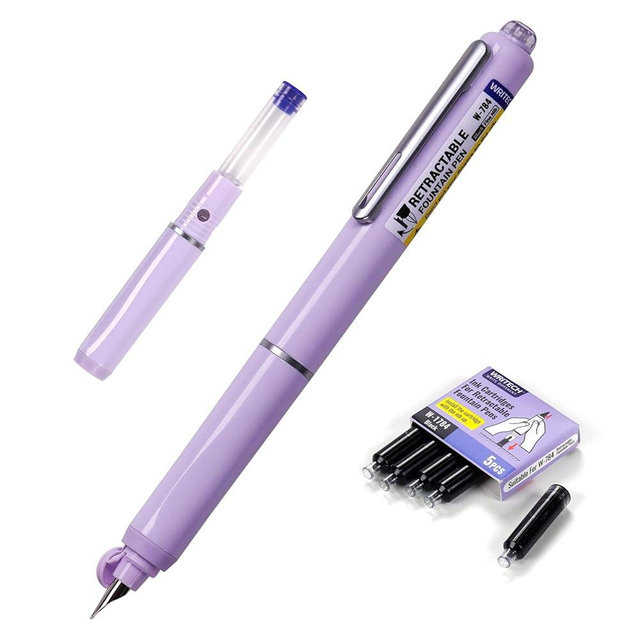 WRITECH Fountain Pen Fine Nib: Retractable Black Ink Pens Set Includes 5 Ink Cartridges Smooth Writing for Calligraphy Sketching Journaling Gift (Purple)