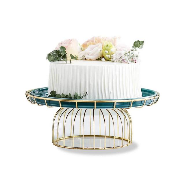 10.5inches/26.3cm Ceramics Cake Dessert Stand, Round Cupcake Metal Holder, Wedding Birthday Party Pedestal Display Plate … (L, Green)