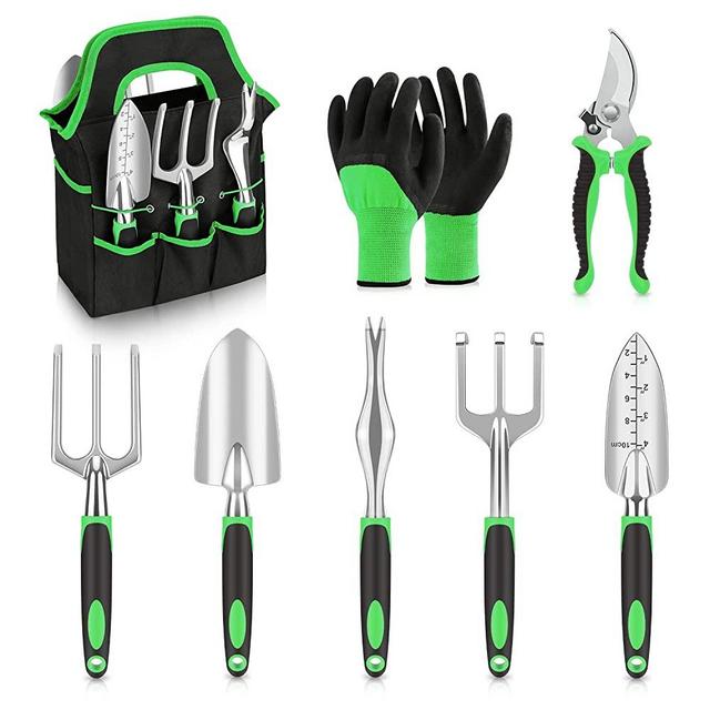 sungwoo Garden Tool Set 8 Piece, Heavy Duty and Lightweight Aluminium Alloy Tools with Non-Slip Ergonomic Handle, Durable Storage Tote Bag, Gardening Hand Tools, for Women and Men Green