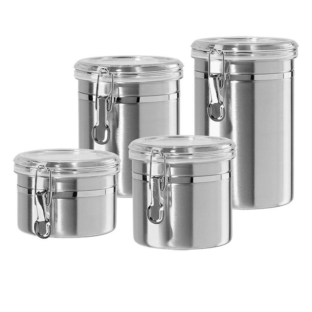 Oggi Set of 4 Stainless Steel Kitchen Canisters - Airtight Clamp Lid, Clear See-Thru Top - Ideal for Kitchen Storage, Food Storage, Pantry Storage - Includes 1 each: 26oz, 36oz, 47oz, 62oz.