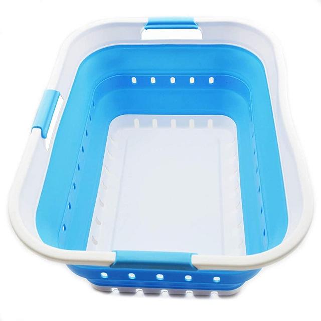 SAMMART Collapsible Plastic Laundry Basket - Foldable Pop Up Storage Container/Organizer - Portable Washing Tub - Space Saving Hamper/Basket (1, White/Marine Blue)