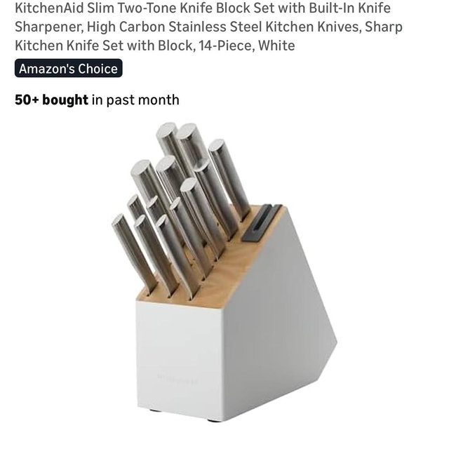 KitchenAid Slim Two-Tone Knife Block Set with Built-In Knife Sharpener, High Carbon Stainless Steel Kitchen Knives, Sharp Kitchen Knife Set with Block, 14-Piece, White