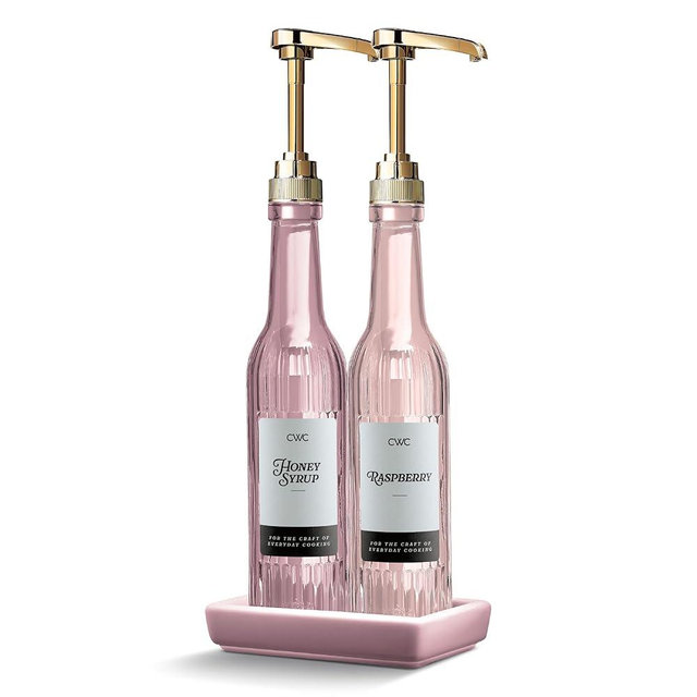 COOK WITH COLOR Glass Coffee Syrup Dispenser with Pump- Set of 2 Syrup Bottles for Coffee Bar, Decorative 350 ML Bottle with Ceramic Holder, Funnel, Labels and Extra Pumps, Textured Pink