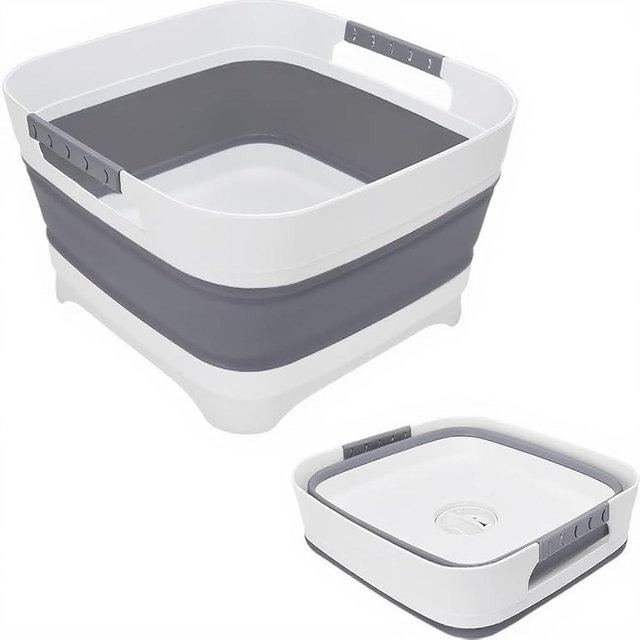 2.4 Gal(9L) Collapsible Wash Basin with Drain Plug,Dishpan for Soaking Baby Bottles,Portable Sink Tub,Ice Beverage Tubs for Camping, Vegetable Washing, RV(Gray)