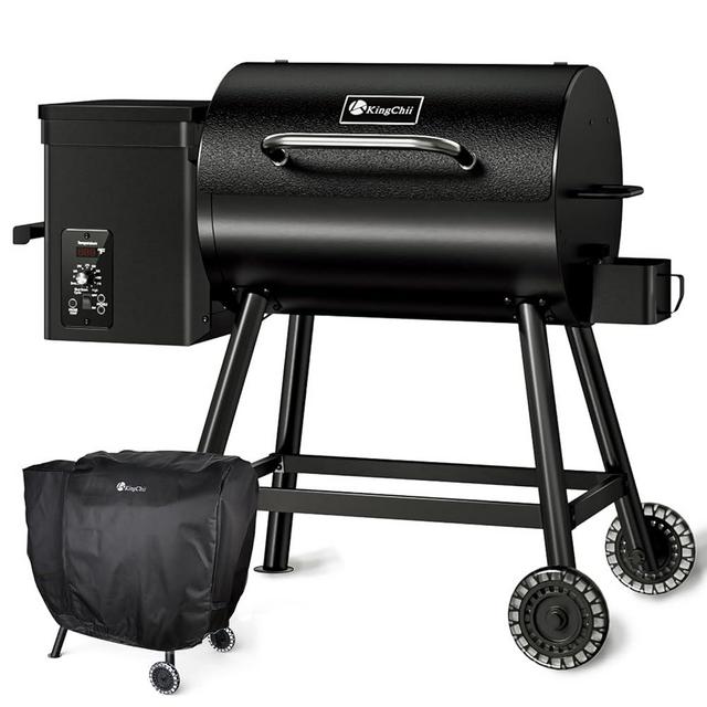 KingChii Electric Wood Pellet Grill & Smoker, 456 SQ.IN Grill Capacity, with PID Temperature Control (180-425°F) for Backyard Camping Bake and Roast, Black with Cover