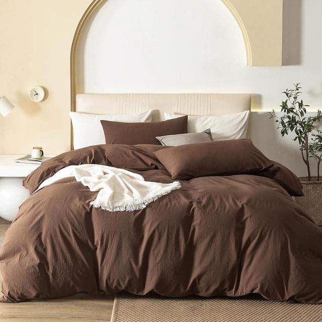 JIYUAN 100% Washed Cotton Duvet Cover Set Comfy Simple Style Soft Breathable Textured Durable Linen Feel Bedding for All Seasons Queen, Solid Chocolate Brown