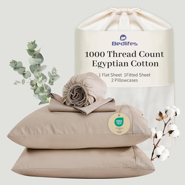 Bedlifes Egyptian Cotton Sheets 1000 Thread Count Queen Size, 4-Piece 16" Deep Pocket - Cooling & Breathable Ultra Soft Bedding for Hotel Comfort (Linen)