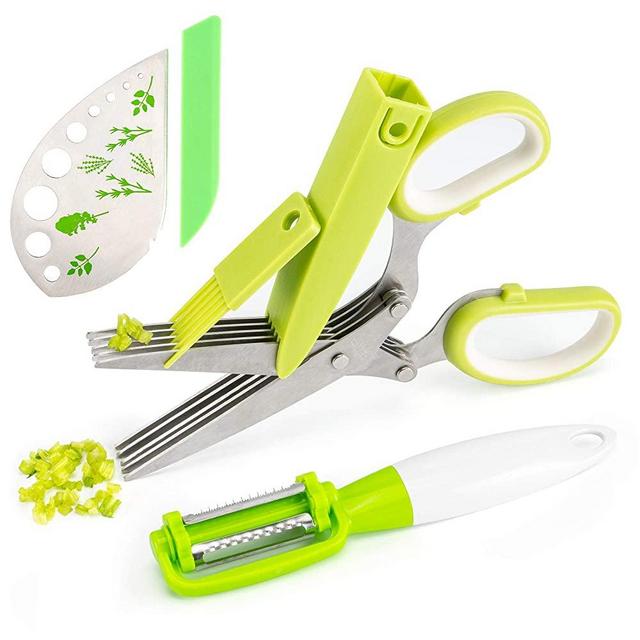 TRAORM Herb Scissors Herb Stripper，peelers for kitchen, Stainless Steel 5 Blade Herb Scissors For Chard, Collard Greens, Parsley, Basil, Rosemary Herb, Salad
