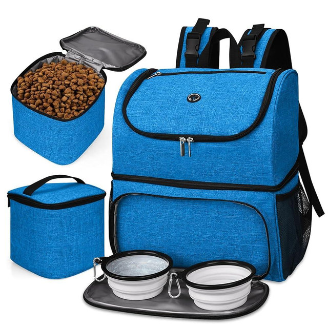 BAGLHER Pet Travel Bag, Double-Layer Pet Supplies Backpack (for All Pet Travel Supplies), Pet Travel Backpack with 2 Silicone Collapsible Bowls and 2 Food Baskets Blue