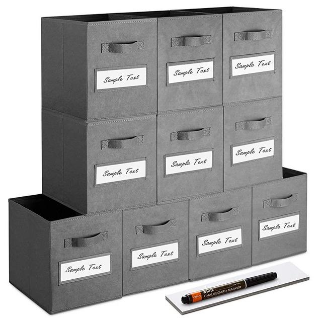 artsdi Set of 10 Storage Cubes, Foldable Fabric Cube Storage Bins with 10 Labels Window Cards & a Pen, Collapsible Cloth Baskets Containers for Shelves, Closet Organizers Box for Home &Office,Gray