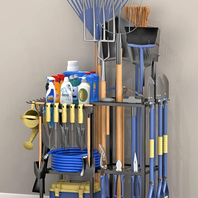 Lovind Garden Tool Organizer, Metal Yard Tool Organizer,Holds 70 Long-Handled Tools/Rakes/Brooms,Side Garden Pocket,Heavy Duty Steel Yard Tool Storage Rack for Garage,Shed, Outdoor(Black-Large)