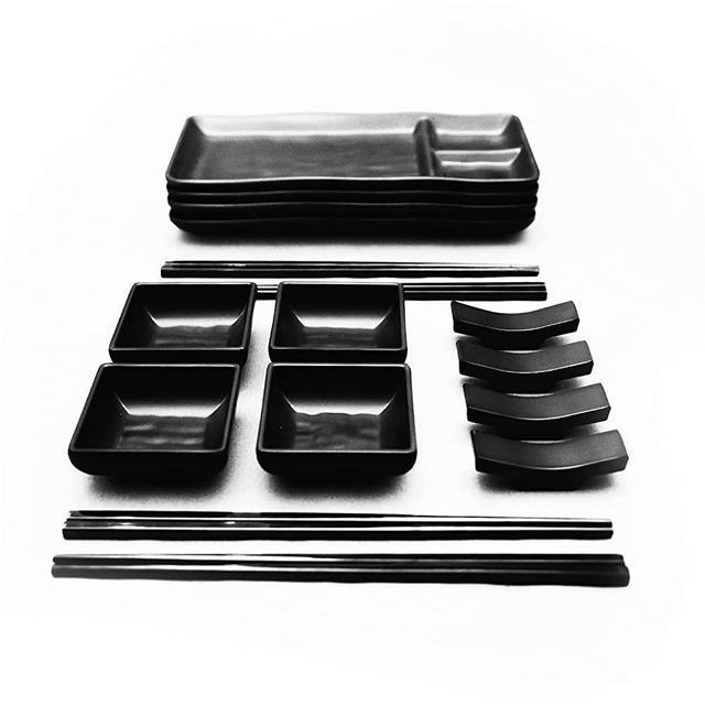 Goliber 16 Piece Japanese Style Sushi Set - Includes 4 Sushi Plate, 4 soy sauce dish, 4 Pairs of Chopsticks, 4 Chopsticks Holders complete Sushi Kit Melamine Sushi Plates (Black)