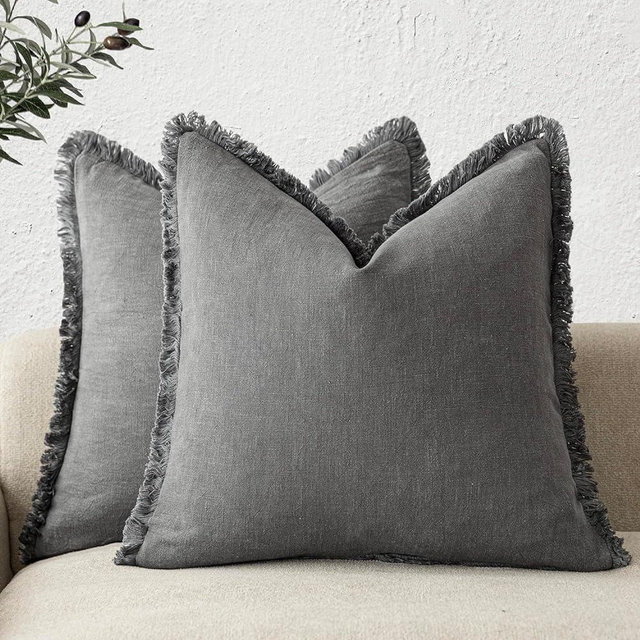 Foindtower Set of 2 Decorative Linen Fringe Throw Pillow Covers Cozy Boho Farmhouse Cushion Cover with Tassels Soft Accent Pillowcase for Couch Chair Sofa Bed Living Room Home Decor,18×18 Inch,Gray