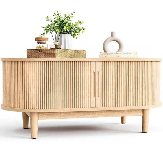 LINSY HOME Oval Coffee Table, Wood Coffee Table with Storage, Fluted Accent Center Table with Sliding Tambour Door, 39" Boho Coffee Tables for Living Room, Bedroom, Apartment, Oak