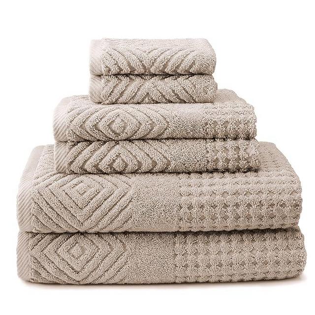 Texere 100% Organic Cotton Diamond Jacquard 700 GSM Luxury Bath Towel Sets - Ultra Soft and Absorbent Hotel Quality, 2 Large Bath Towels, 2 Hand Towels, 2 Washcloths (Diamond, Oxford Tan, 6 Piece)