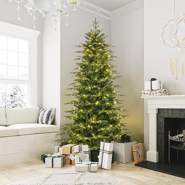 CLEEMAN 7.5ft Pre-lit Christmas Tree, Hinged Holiday Artificial Xmas Tree with Remote Control, 380 Multicolored & Warm White LED Lights & 11 Modes, 4-Level Brightness, 1162 Lush Branch Tips, Timer