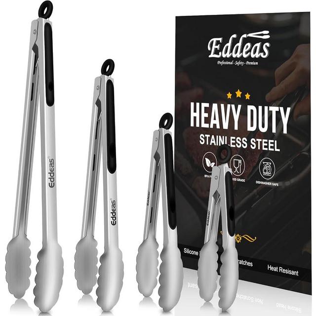 EDDEAS Tongs For Cooking - Kitchen Tongs Heat Resistant 600 Degrees Stainless Steel Tongs, Heavy Duty Metal Tongs, Perfect for Meat Food,Salad, Grilling, Set of 4, 7",9",12" &14" Black