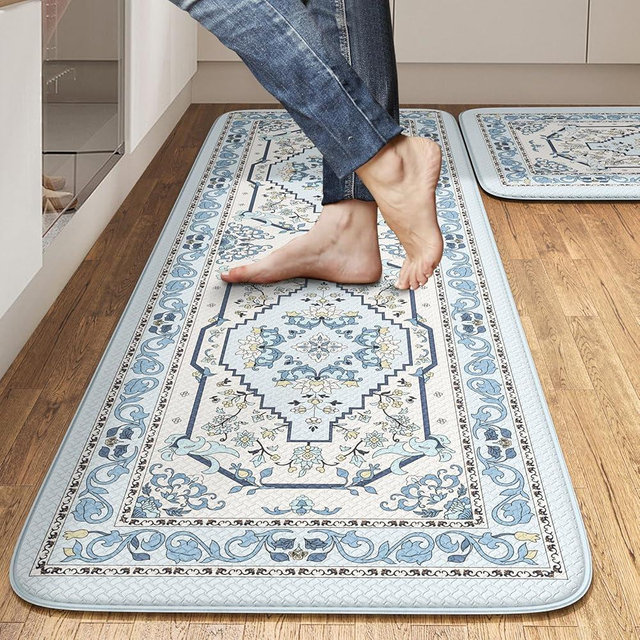 Kitchen Floor Mat Set of 2, Cushioned Anti Fatigue Kitchen Mat 17"x47"+17"x29", Non-Slip Waterproof Vintage Kitchen Rug, Premium PVC Comfort Kitchen Mats and Rugs for Kitchen, Office, Laundry（Blue）