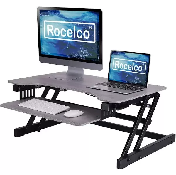 Rocelco 32 inch Height Adjustable Standing Desk Converter - Quick Sit Stand Up Dual Monitor Riser