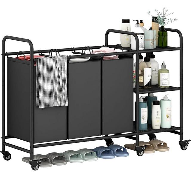 LINZINAR 3 Bag Laundry Basket Sorter Cart with Storage Shelf, Black
