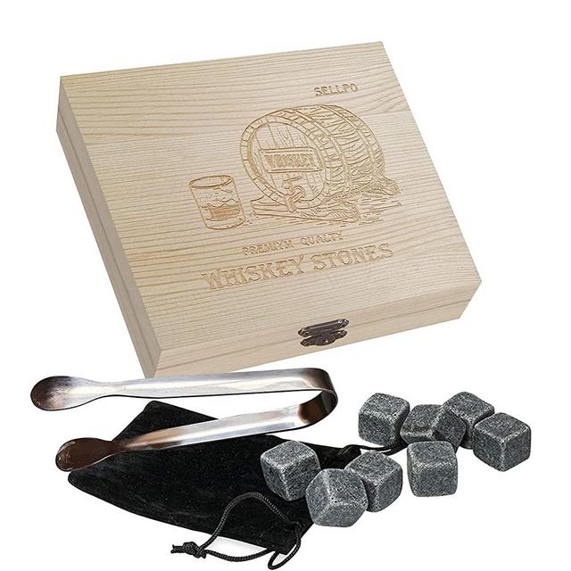 Premium Whiskey Stones Set of 9 Soapstone Chilling Rocks Set with Storage Pouch and Stainless steel Tong in Wooden Gift Box. Ice Cubes Reusable For Scotch Whiskey BourbonGift Set For Men and Women