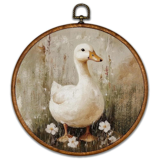 BCUANGD Retro Duck Round Wall Art Decor - Vintage Antique Flower Wall Art Canvas Frame Artwork Prints, Rustic Cottagecore Nature Round Wall Hanging Decorations for Home Farmhouse, 10"x10"