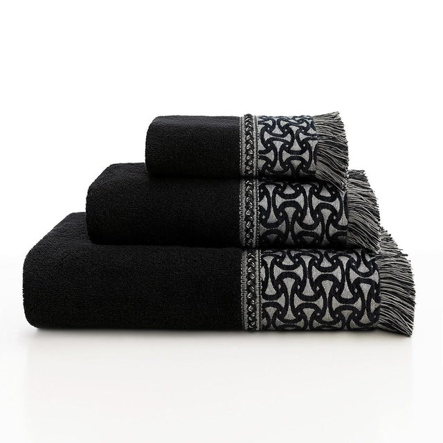 Loom and Mill Geometric Bath Towel Set 3 Piece, Ultra Soft Velour Cotton Cut Pile Decorative Highly Absorbent Quick Dry Jacquard Bath Towels for Bathroom Hotel, Spa and Kitchen (Gray&Black)
