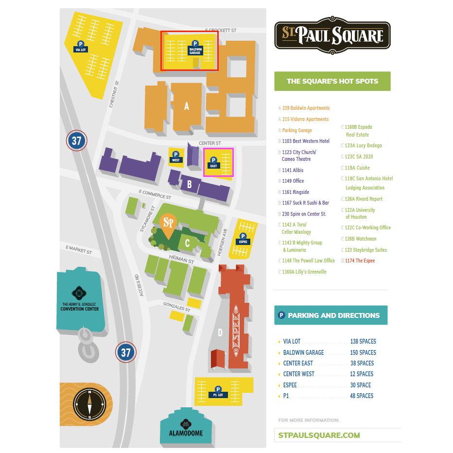 Free available parking for the ceremony highlighted in red boxes