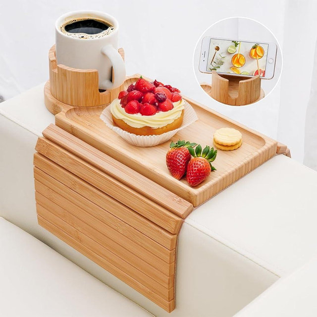 aisongdong Couch Cup Holder - 3 in 1 Sofa Arm Tray with 360° Rotating Cup Holder & Phone Stand,Arm Chair Rest Table Fits Various of Large Width Couches Armrest,Anti-Slip Foldable Couch Tray for Drinks