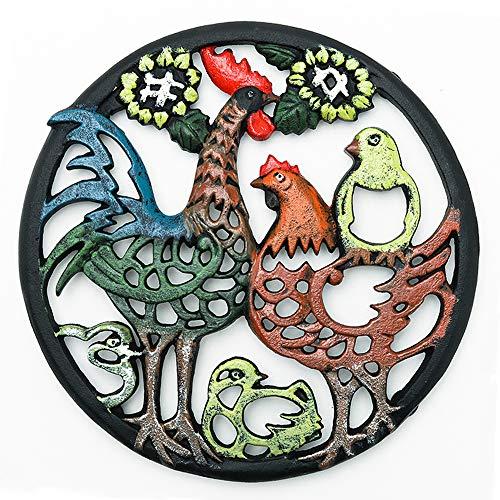 Sungmor Cast Iron Cock Trivet for Wood Stove - Dia-8.1 Inch Cock Family Image - Rustproof Round Stands for Hot Pots/Dishes/Pans - Decorative Metal Table Trivet for Kitchen Cooking