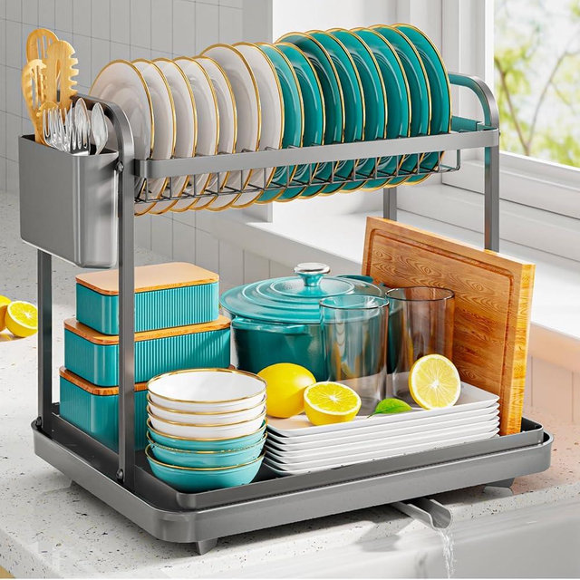 Sakugi Dish Drying Rack - Stainless Steel Dish Rack for Kitchen Counter, 2-Tier Kitchen Organizers and Storage Rack with Drainboard and Cutlery Holder, Larege, Gray