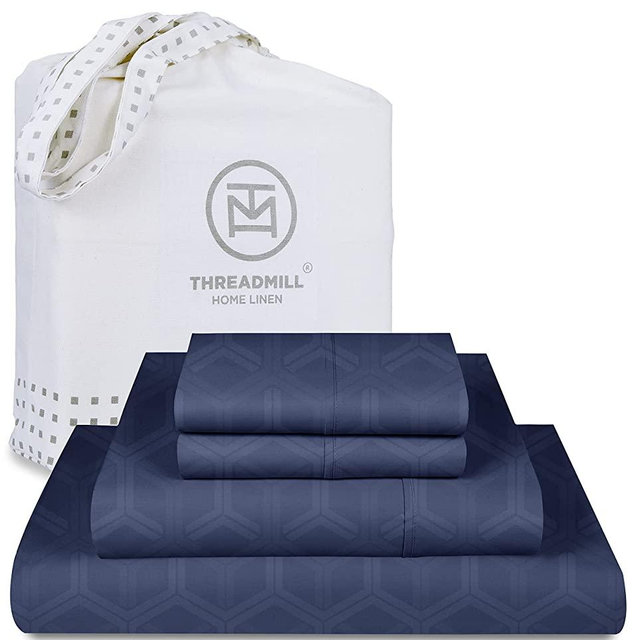 Threadmill Queen Sheets - 100% Pure Cotton 600 Thread Count, 4 Piece Jacquard Folkstone Blue Bedding Set, Supreme ELS Combed Cotton, Soft Damask Sheets with Elasticized Deep Pocket
