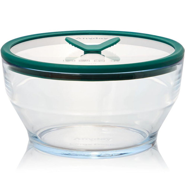 Anyday 8-Cup Glass Food Storage with Glass Lid, Round Deep Dish | Plastic-Free Meal Prep & Microwave Cookware | Stackable Airtight Storage Container with Vented Lid for Microwave-Safe Reheating