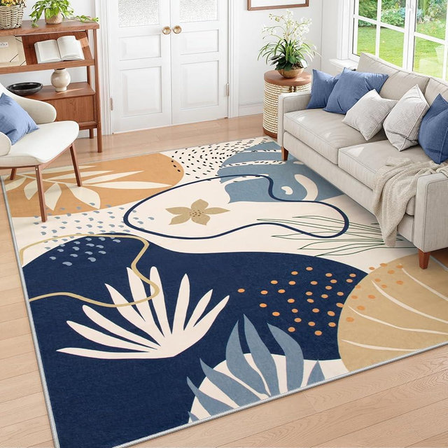Lahome Washable Area Rugs 8x10 - Rugs for Living Room 8x10 Non-Slip Ultra-Thin Large Area Rug 8x10 Soft Bedroom Rug, Boho Botanical Print Indoor Stain Resistant Floor Rug for Dining Room Table Office