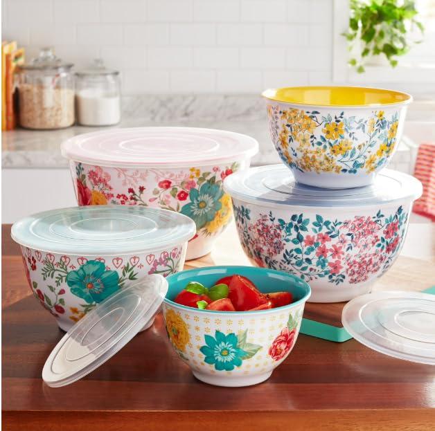Lyfno The Piner Woman 10-Piece Melamine Mixing Bowl Set, Fancy Flourish | Melamine Mixing Bowls Set with Lids | Airtight Food Storage Containers | Mixing Bowls Set Large, 10pc Food Storage Set